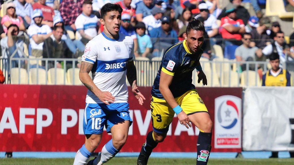 04 DE AGOSTO DE 2019/CONCEPCION
Edson Puch (i) y Hans Martinez (d), durante el partido valido por la fecha 2 de la segunda ronda del Campeonato Nacional AFP PlanVital, entre Universidad de Concepción vs Universidad Católica disputado en el Estadio Ester Roa.

FOTO: DANIEL PINO/AGENCIAUNO