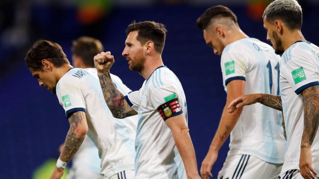 BUENOS AIRES, ARGENTINA - OCTOBER 08: Lionel Messi of Argentina celebrates after scoring the opening goal of his team with a penalty kick during a match between Argentina and Ecuador as part of South American Qualifiers for Qatar 2022 at Estadio Alberto J. Armando on October 08, 2020 in Buenos Aires, Argentina. (Photo by Agustin Marcarian - Pool/Getty Images)