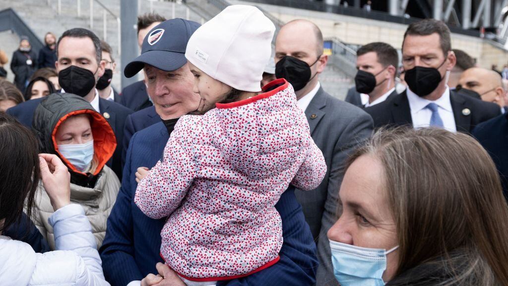 US President Joe Biden meets refugees of Russia's war with Ukraine at PGE Narodowy Stadium on March 26, 2022, in Warsaw, Poland. (Photo by Brendan Smialowski / AFP) (Photo by BRENDAN SMIALOWSKI/AFP via Getty Images)