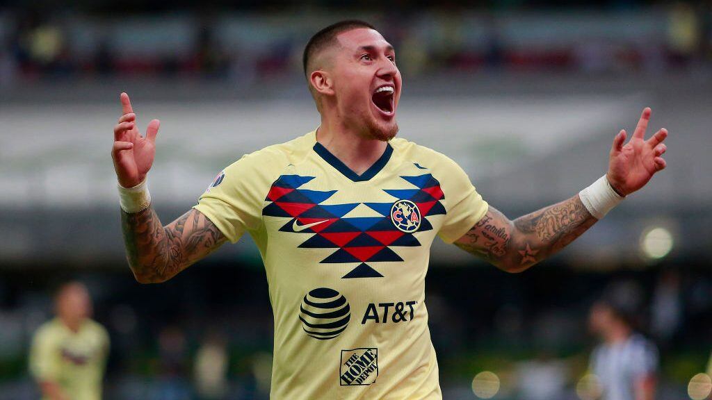MEXICO CITY, MEXICO - JULY 20: Nicolas Castillo of America celebrates after scoring the third goal of his team during the 1st round match between America and Monterrey as part of the Torneo Apertura 2019 Liga MX at Azteca Stadium on July 20, 2019 in Mexico City, Mexico. (Photo by Mauricio Salas/Jam Media/Getty Images)