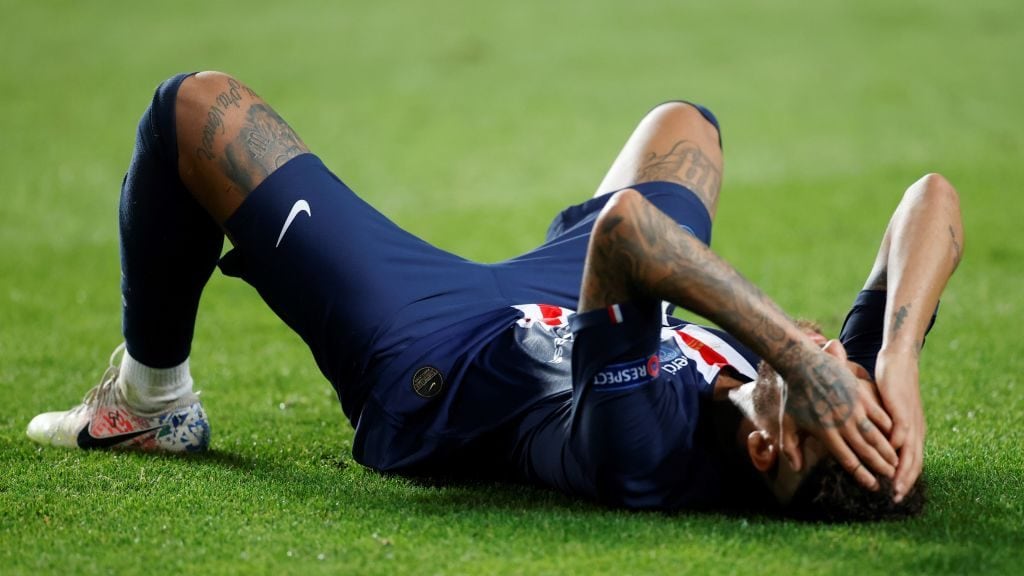 TOPSHOT - Paris Saint-Germain's Brazilian forward Neymar reacts during the UEFA Champions League final football match between Paris Saint-Germain and Bayern Munich at the Luz stadium in Lisbon on August 23, 2020. (Photo by MATTHEW CHILDS / POOL / AFP) (Photo by MATTHEW CHILDS/POOL/AFP via Getty Images)