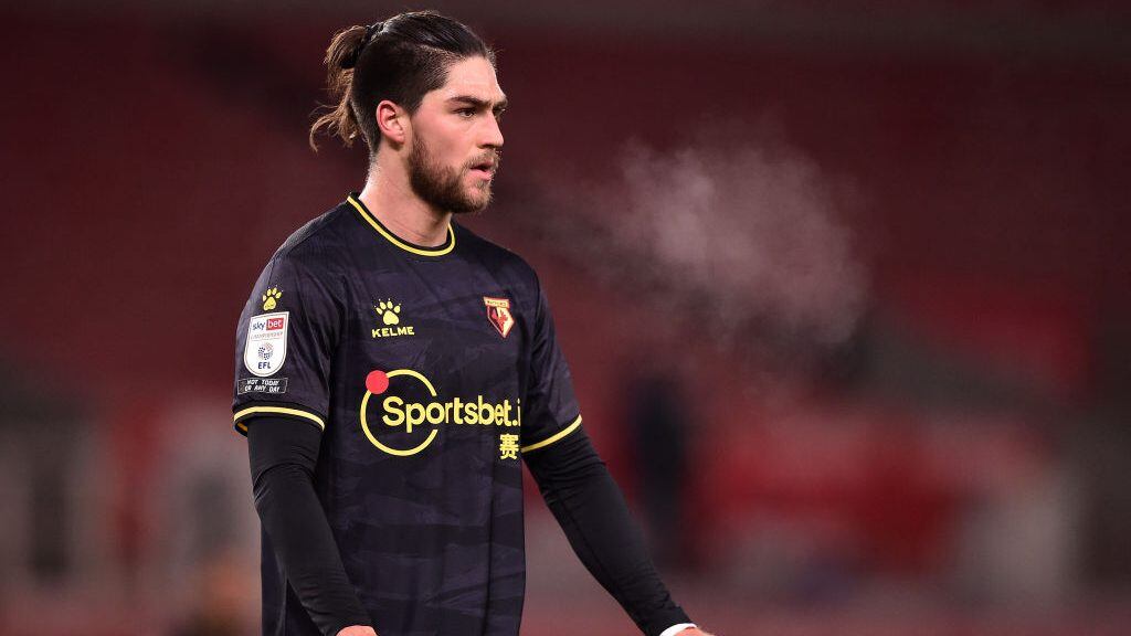 STOKE ON TRENT, ENGLAND - JANUARY 22: Francisco Sierralta of Watford in action during the Sky Bet Championship match between Stoke City and Watford at Bet365 Stadium on January 22, 2021 in Stoke on Trent, England. Sporting stadiums around the UK remain under strict restrictions due to the Coronavirus Pandemic as Government social distancing laws prohibit fans inside venues resulting in games being played behind closed doors. (Photo by Nathan Stirk/Getty Images)