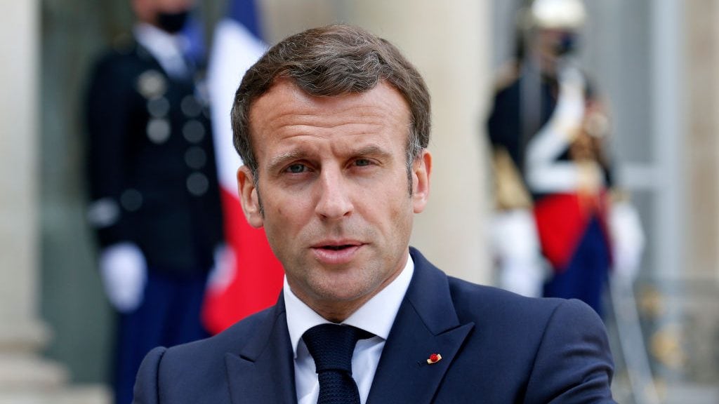 PARIS, FRANCE - APRIL 29: French President Emmanuel Macron makes a statement during a joint press conference with Slovenia's Prime Minister Janez Jansa prior to a working lunch at the Elysee Presidential Palace on April 29, 2021 in Paris, France. Slovenia will take over the Presidency of the Council of the European Union on July 1, 2021. (Photo by Chesnot/Getty Images)