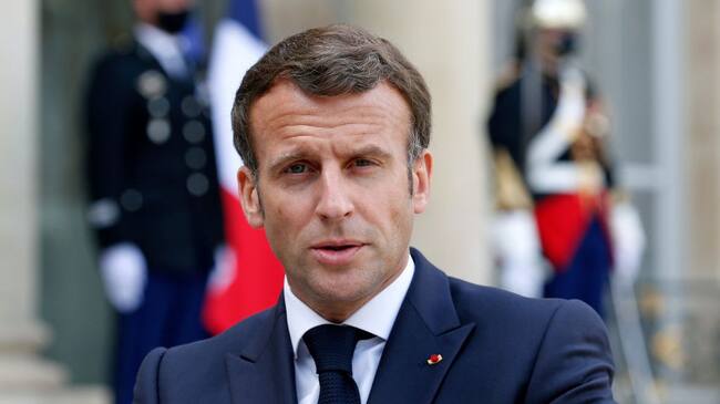 PARIS, FRANCE - APRIL 29: French President Emmanuel Macron makes a statement during a joint press conference with Slovenia's Prime Minister Janez Jansa prior to a working lunch at the Elysee Presidential Palace on April 29, 2021 in Paris, France. Slovenia will take over the Presidency of the Council of the European Union on July 1, 2021. (Photo by Chesnot/Getty Images)