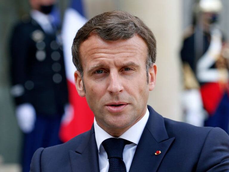 PARIS, FRANCE - APRIL 29: French President Emmanuel Macron makes a statement during a joint press conference with Slovenia's Prime Minister Janez Jansa prior to a working lunch at the Elysee Presidential Palace on April 29, 2021 in Paris, France. Slovenia will take over the Presidency of the Council of the European Union on July 1, 2021. (Photo by Chesnot/Getty Images)
