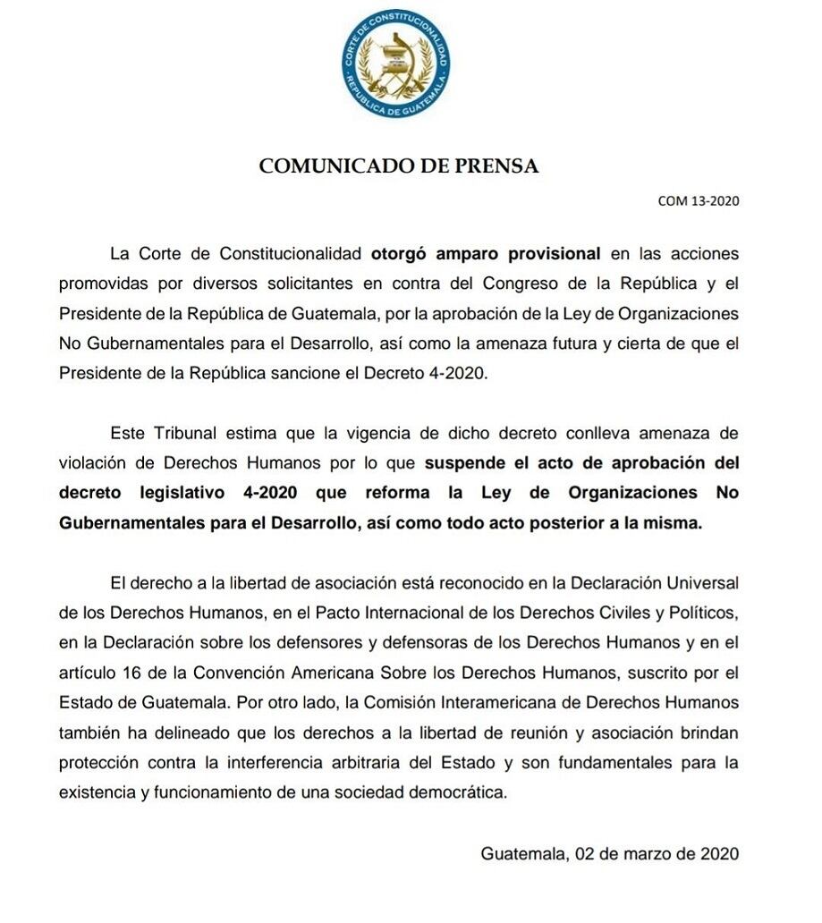 El comunicado de la Corte de Constitucionalidad de Guatemala