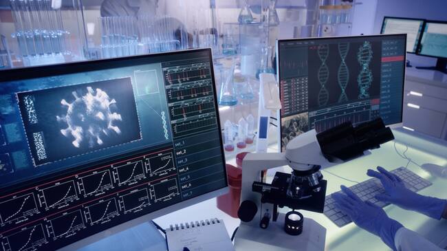 Modern laboratory interior. Coronavirus research. Pathogen model on the screens