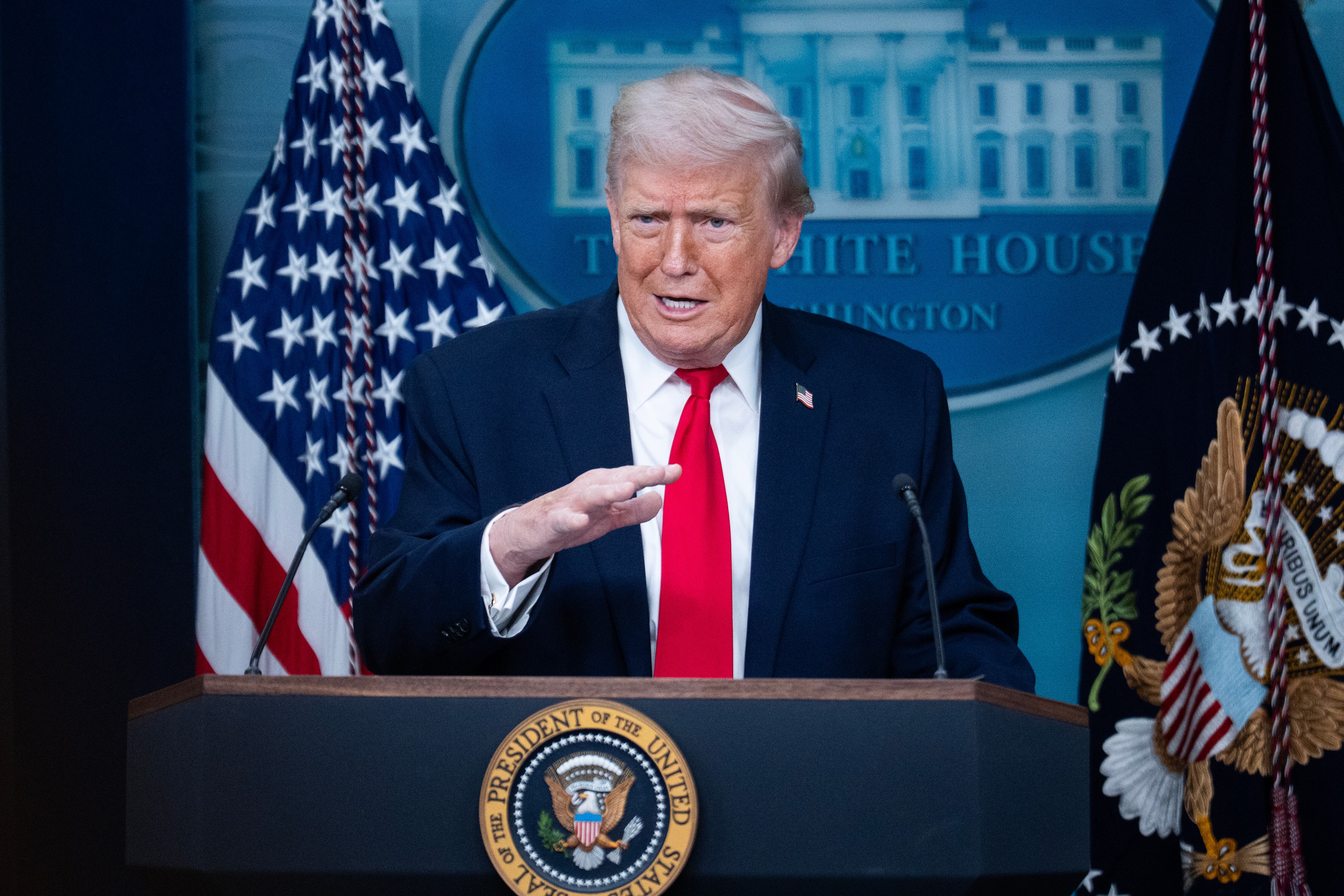 UNITED STATES - JANUARY 20: President Donald Trump speaks to the media in the White House briefing room about the administration's accomplishments on the anniversary of his first year of his second term in office, on Tuesday, January 20, 2026. (Tom Williams/CQ-Roll Call, Inc via Getty Images)