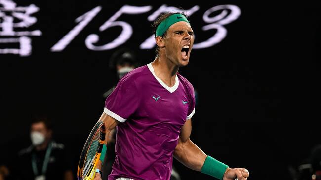 MELBOURNE, AUSTRALIA - JANUARY 30: Rafael Nadal of Spain celebrates against Daniil Medvedev of Russia in the final of the men’s singles during day 14 of the 2022 Australian Open at Melbourne Park on January 30, 2022 in Melbourne, Australia. (Photo by TPN/Getty Images)