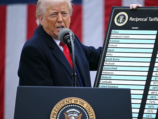 US President Donald Trump holds a chart as he delivers remarks on reciprocal tariffs during an event in the Rose Garden entitled "Make America Wealthy Again" at the White House in Washington, DC, on April 2, 2025. Trump geared up to unveil sweeping new "Liberation Day" tariffs in a move that threatens to ignite a devastating global trade war. Key US trading partners including the European Union and Britain said they were preparing their responses to Trump's escalation, as nervous markets fell in Europe and America. (Photo by Brendan SMIALOWSKI / AFP) (Photo by BRENDAN SMIALOWSKI/AFP via Getty Images)