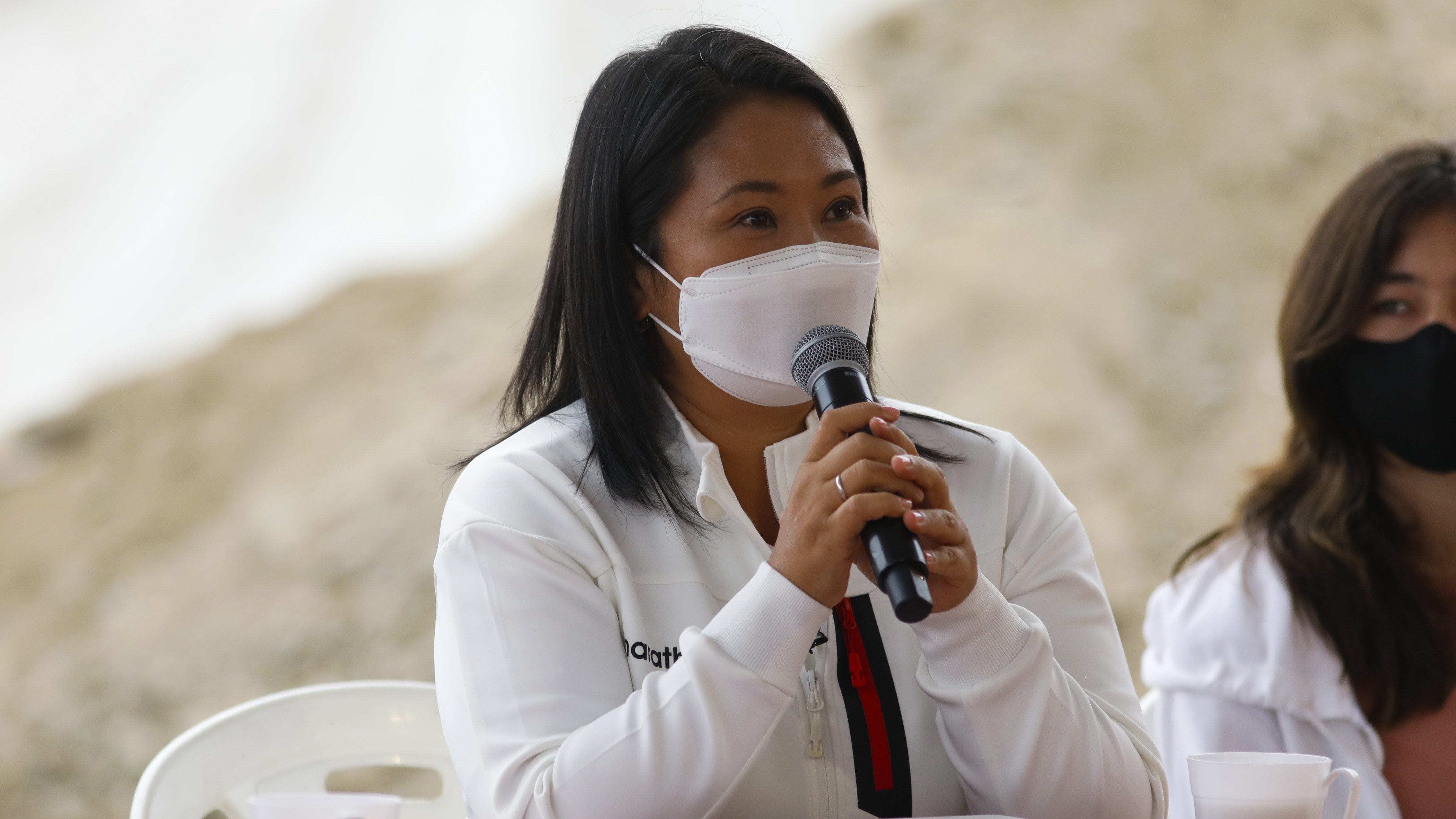 LIMA, PERU - JUNE 06:The Presidential candidate Keiko Fujimori of Fuerza Popular speaks during the traditional popular breakfast as part of the presidential runoff voting on June 6, 2021 in Lima, Peru. (Photo by Ricardo Moreira/Getty Images)