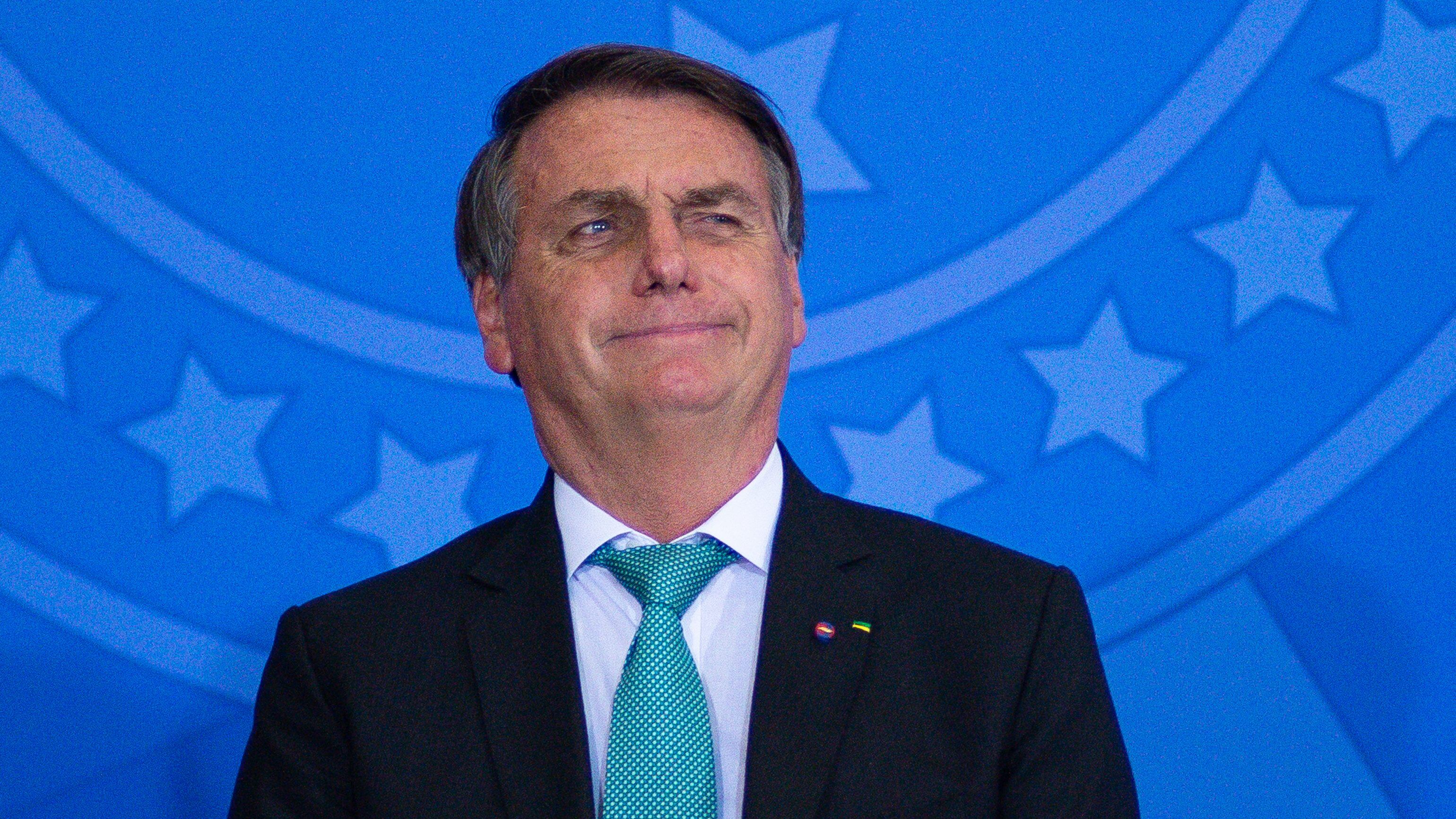 BRASILIA, BRAZIL - SEPTEMBER 27: President of Brazil Jair Bolsonaro reacts during a ceremony on National Day For The Struggle Of People With Disabilities on September 27, 2021 in Brasilia, Brazil. Bolsonaro marks today his 1000th day as President of Brazil. (Photo by Andressa Anholete/Getty Images)