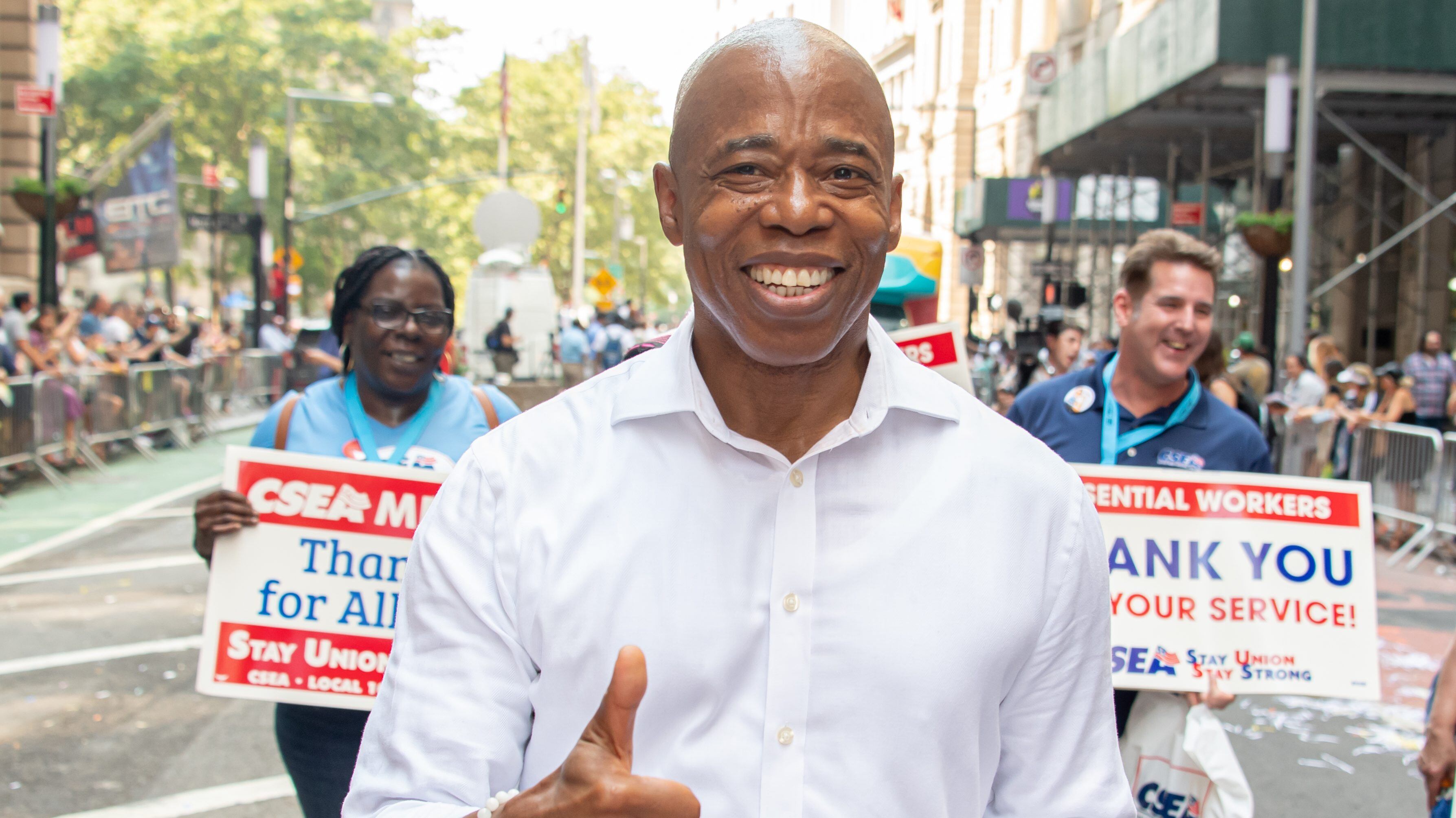 NEW YORK, NEW YORK - JULY 07: New York City Democratic mayoral nominee Eric Adams attends the "Hometown Heroes" Ticker Tape Parade on July 07, 2021 in New York, New York. Healthcare Workers, first responders and essential workers are honored in Manhattan's Canyon of Heroes for their service during the Covid-19 pandemic. (Photo by Noam Galai/Getty Images)