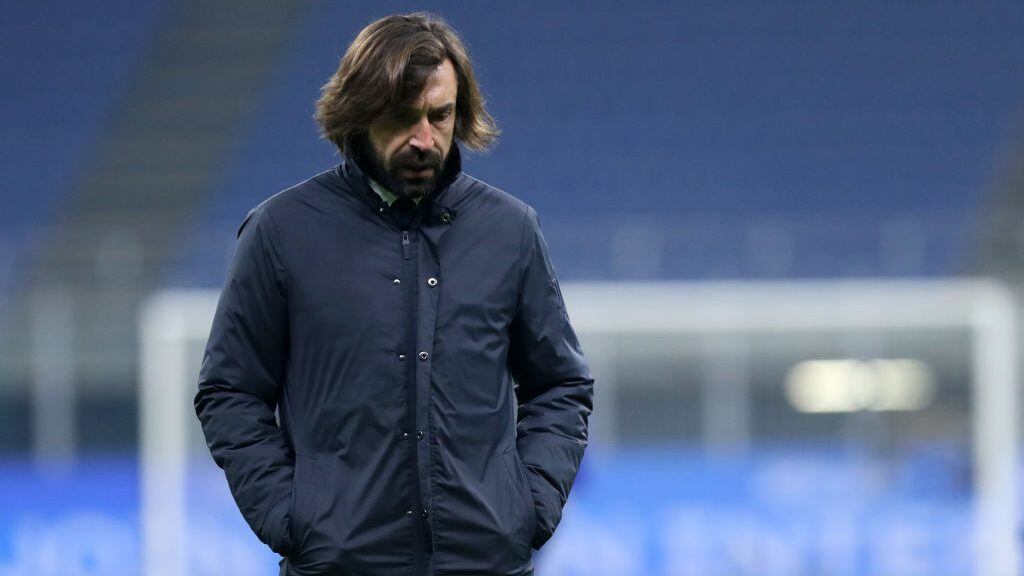 MILAN, ITALY - JANUARY 17: (BILD ZEITUNG OUT) head coach Andrea Pirlo of Juventus FC looks dejected after the Serie A match between FC Internazionale and Juventus at Stadio Giuseppe Meazza on January 17, 2021 in Milan, Italy. Sporting stadiums around Italy remain under strict restrictions due to the Coronavirus Pandemic as Government social distancing laws prohibit fans inside venues resulting in games being played behind closed doors. (Photo by Sportinfoto/DeFodi Images via Getty Images)