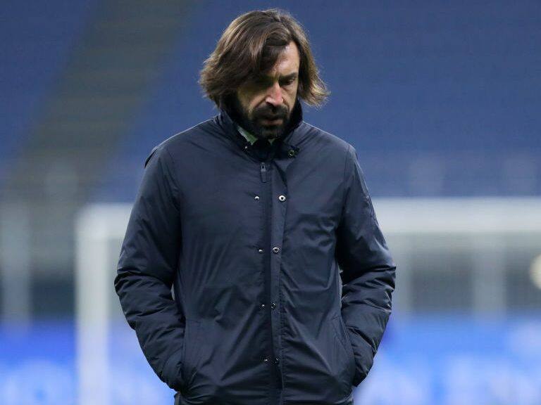 MILAN, ITALY - JANUARY 17: (BILD ZEITUNG OUT) head coach Andrea Pirlo of Juventus FC looks dejected after the Serie A match between FC Internazionale and Juventus at Stadio Giuseppe Meazza on January 17, 2021 in Milan, Italy. Sporting stadiums around Italy remain under strict restrictions due to the Coronavirus Pandemic as Government social distancing laws prohibit fans inside venues resulting in games being played behind closed doors. (Photo by Sportinfoto/DeFodi Images via Getty Images)