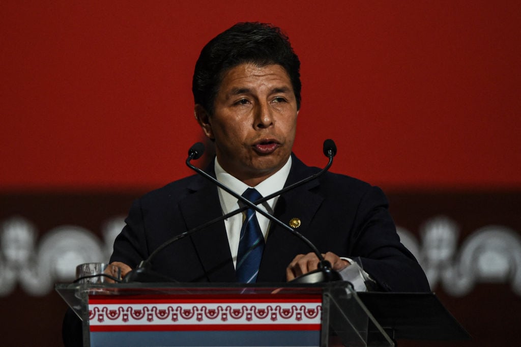 El presidente del Perú, Pedro Castillo, habla ante la asamblea de la OEA
