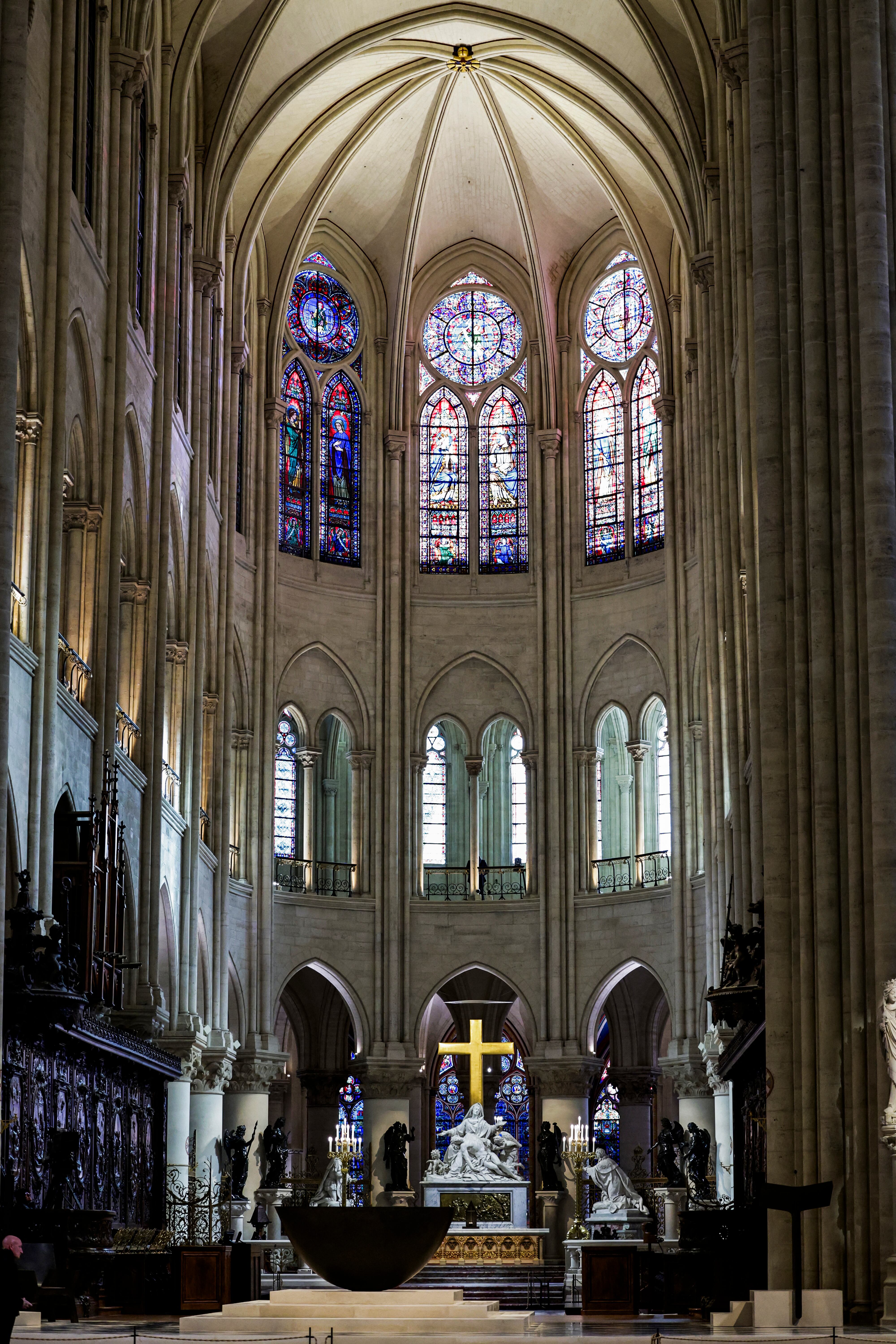 This photograph shows the altar designed by French artist and designer Guillaume Bardet in the heart of Notre-Dame de Paris cathedral in Paris, on November 29, 2024. The Notre-Dame Cathedral is set to re-open early December 2024, with a planned weekend of ceremonies on December 7 and 8, 2024, five years after the 2019 fire which ravaged the world heritage landmark and toppled its spire. Some 250 companies and hundreds of experts were mobilised for the five-year restoration costing hundreds of millions of euros. (Photo by STEPHANE DE SAKUTIN / POOL / AFP) / RESTRICTED TO EDITORIAL USE - MANDATORY MENTION OF THE ARTIST UPON PUBLICATION - TO ILLUSTRATE THE EVENT AS SPECIFIED IN THE CAPTION (Photo by STEPHANE DE SAKUTIN/POOL/AFP via Getty Images)