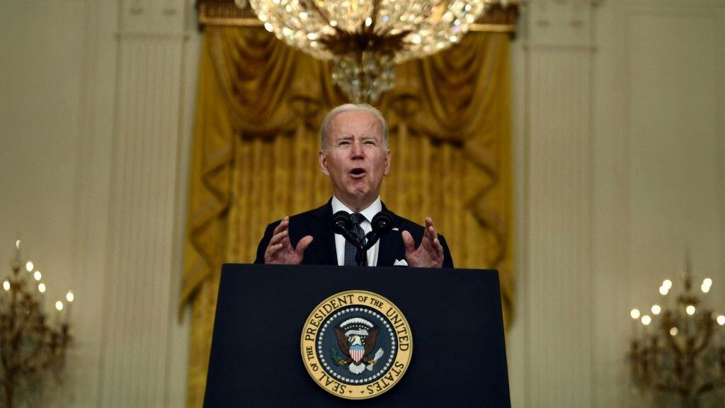 US President Joe Biden speaks about Russia and Ukraine in the East Room of the White House on February 15, 2022 in Washington, DC. (Photo by Brendan Smialowski / AFP) (Photo by BRENDAN SMIALOWSKI/AFP via Getty Images)