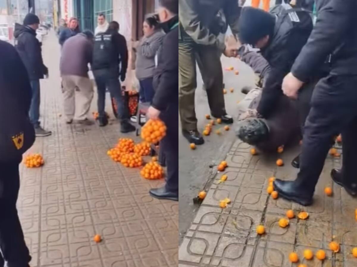 Ambulante provoca lluvia de mandarinas tras violenta intervención de inspectores municipales en Curicó: ojo al video