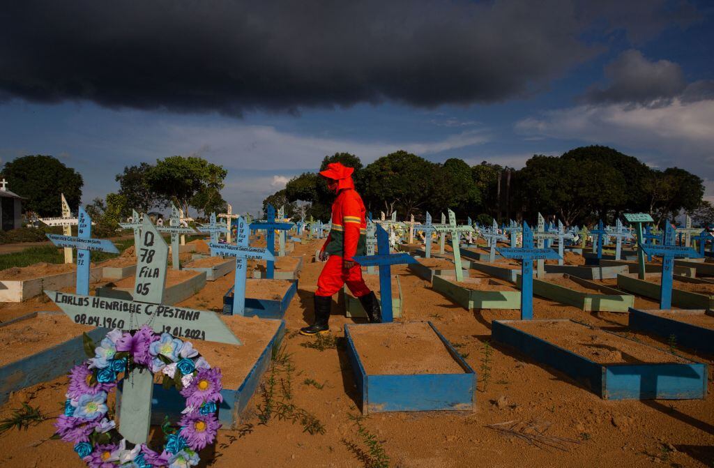 El trabajador de un cementerio camina entre las tumbas de víctimas del Covid-19 en Brasil