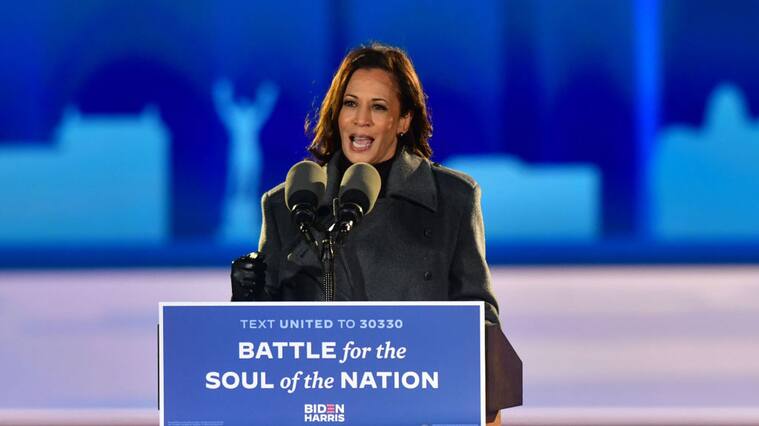 PHILADELPHIA, PA - NOVEMBER 02: Democratic vice presidential nominee Sen. Kamala Harris (D-CA) speaks at a drive-in election eve rally on November 2, 2020 in Philadelphia, Pennsylvania. Democratic presidential nominee Joe Biden, who is originally from Scranton, Pennsylvania, remains ahead of President Donald Trump by about six points, according to a recent polling average. With the election tomorrow, Trump held four rallies across Pennsylvania over the weekend, as he vies to recapture the Keystone State's vital 20 electoral votes. In 2016, he carried Pennsylvania by only 44,292 votes out of more than 6 million cast, less than a 1 percent differential, becoming the first Republican to claim victory here since 1988. (Photo by Mark Makela/Getty Images)