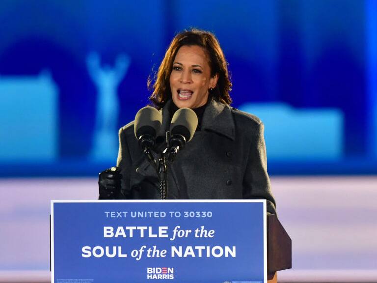 PHILADELPHIA, PA - NOVEMBER 02: Democratic vice presidential nominee Sen. Kamala Harris (D-CA) speaks at a drive-in election eve rally on November 2, 2020 in Philadelphia, Pennsylvania. Democratic presidential nominee Joe Biden, who is originally from Scranton, Pennsylvania, remains ahead of President Donald Trump by about six points, according to a recent polling average. With the election tomorrow, Trump held four rallies across Pennsylvania over the weekend, as he vies to recapture the Keystone State's vital 20 electoral votes. In 2016, he carried Pennsylvania by only 44,292 votes out of more than 6 million cast, less than a 1 percent differential, becoming the first Republican to claim victory here since 1988. (Photo by Mark Makela/Getty Images)