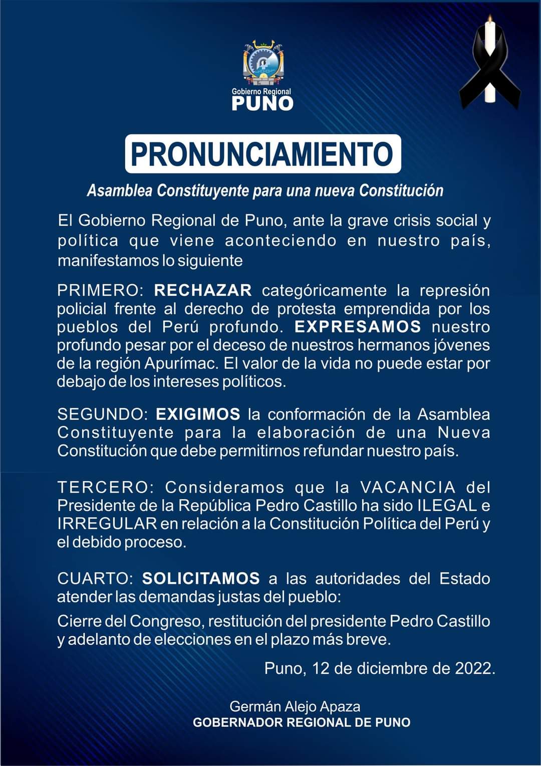 Gobierno regional de Puno desconoce la presidencia por sucesión en Perú