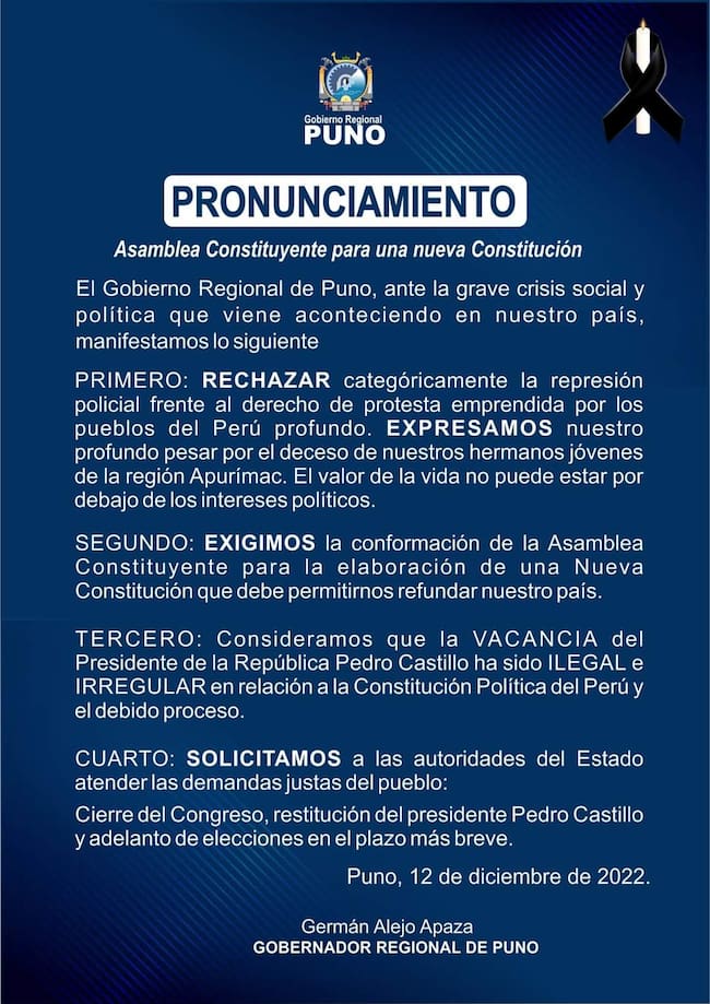 Gobierno regional de Puno desconoce la presidencia por sucesión en Perú