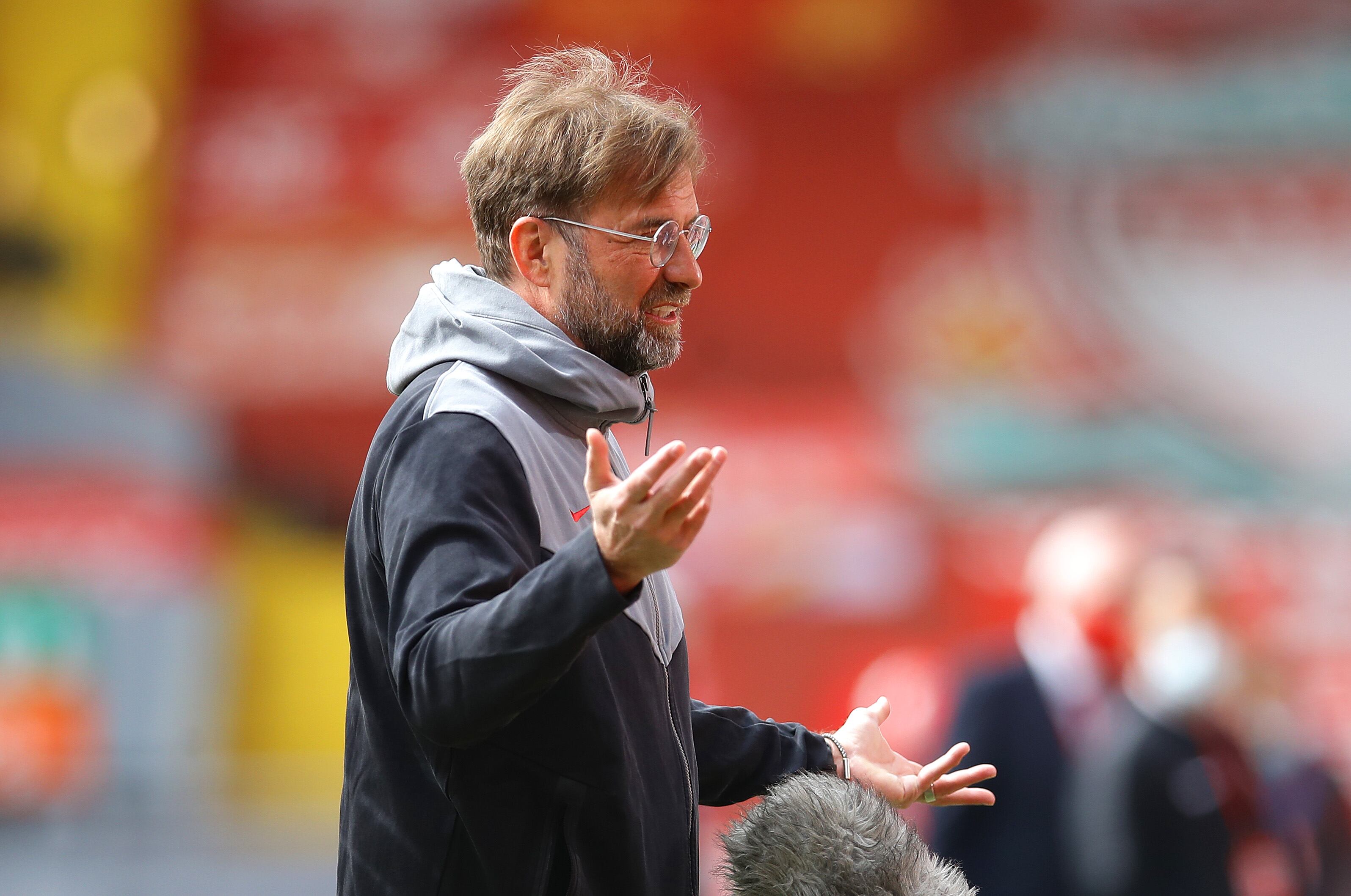 LIVERPOOL, ENGLAND - APRIL 24: Juergen Klopp, Manager of Liverpool is interviewed prior to the Premier League match between Liverpool and Newcastle United at Anfield on April 24, 2021 in Liverpool, England. Sporting stadiums around the UK remain under strict restrictions due to the Coronavirus Pandemic as Government social distancing laws prohibit fans inside venues resulting in games being played behind closed doors. (Photo by David Klein - Pool/Getty Images)
