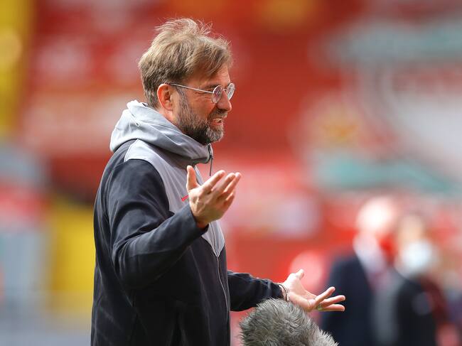 LIVERPOOL, ENGLAND - APRIL 24: Juergen Klopp, Manager of Liverpool is interviewed prior to the Premier League match between Liverpool and Newcastle United at Anfield on April 24, 2021 in Liverpool, England. Sporting stadiums around the UK remain under strict restrictions due to the Coronavirus Pandemic as Government social distancing laws prohibit fans inside venues resulting in games being played behind closed doors. (Photo by David Klein - Pool/Getty Images)