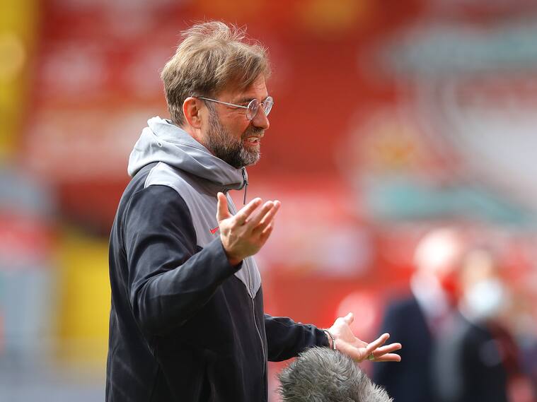 LIVERPOOL, ENGLAND - APRIL 24: Juergen Klopp, Manager of Liverpool is interviewed prior to the Premier League match between Liverpool and Newcastle United at Anfield on April 24, 2021 in Liverpool, England. Sporting stadiums around the UK remain under strict restrictions due to the Coronavirus Pandemic as Government social distancing laws prohibit fans inside venues resulting in games being played behind closed doors. (Photo by David Klein - Pool/Getty Images)