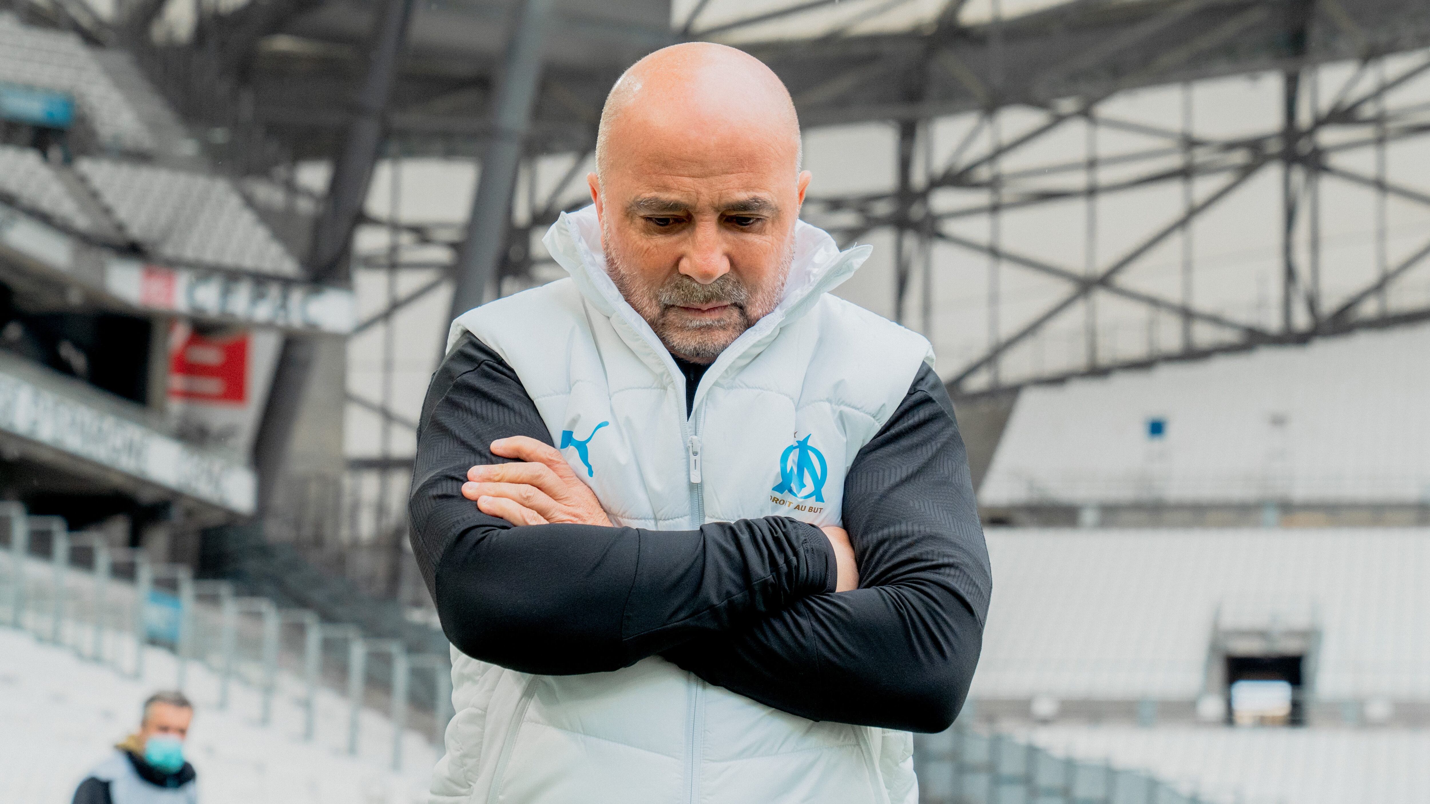 MARSEILLE, FRANCE - APRIL 17: Olympique de Marseille coach Jorge Sampaoli reacts during the Ligue 1 match between Olympique Marseille and FC Lorient at Stade Velodrome on April 17, 2021 in Marseille, France. (Photo by Jonathan Bartolozzi/Olympique de Marseille via Getty Images)