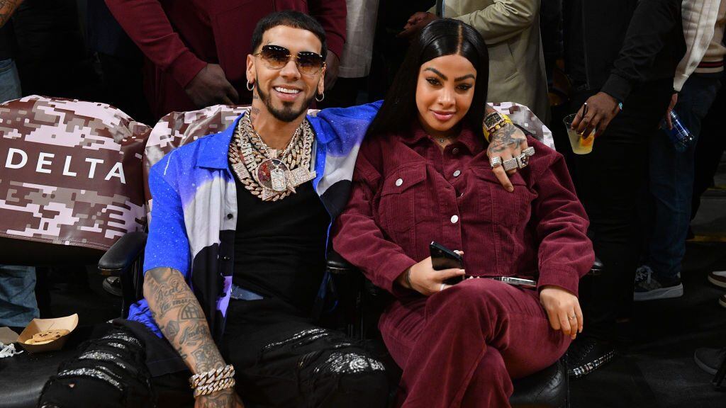 LOS ANGELES, CALIFORNIA - NOVEMBER 30: Puerto Rican rapper Anuel AA and his wife Yailin la Mas Viral attend a basketball game between the Los Angeles Lakers and Portland Trail Blazers at Crypto.com Arena on November 30, 2022 in Los Angeles, California. (Photo by Allen Berezovsky/Getty Images)
