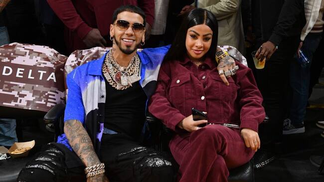 LOS ANGELES, CALIFORNIA - NOVEMBER 30: Puerto Rican rapper Anuel AA and his wife Yailin la Mas Viral attend a basketball game between the Los Angeles Lakers and Portland Trail Blazers at Crypto.com Arena on November 30, 2022 in Los Angeles, California. (Photo by Allen Berezovsky/Getty Images)