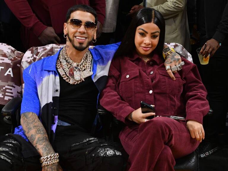 LOS ANGELES, CALIFORNIA - NOVEMBER 30: Puerto Rican rapper Anuel AA and his wife Yailin la Mas Viral attend a basketball game between the Los Angeles Lakers and Portland Trail Blazers at Crypto.com Arena on November 30, 2022 in Los Angeles, California. (Photo by Allen Berezovsky/Getty Images)