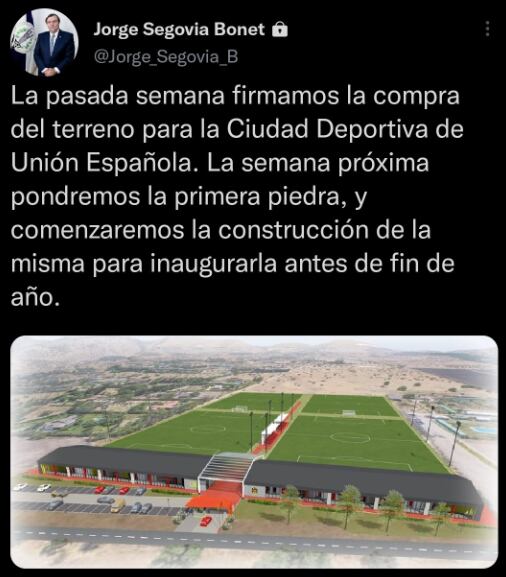 Jorge Segovia anuncia la construcción de la Ciudad Deportiva de Unión Española. (Fuente: Twitter @jorge_segovia_b)