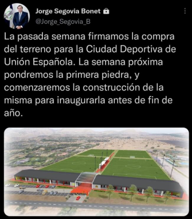 Jorge Segovia anuncia la construcción de la Ciudad Deportiva de Unión Española. (Fuente: Twitter @jorge_segovia_b)