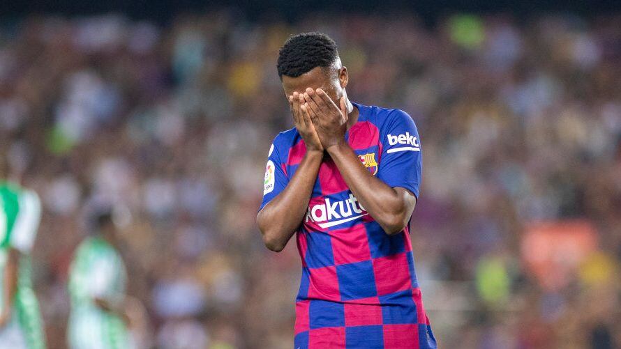 BARCELONA, SPAIN - August 25: Anssumane Fati #31 of Barcelona reacts after his shot just missed during the Barcelona V Real Betis, La Liga regular season match at Estadio Camp Nou on August 25th 2019 in Barcelona, Spain. (Photo by Tim Clayton/Corbis via Getty Images)