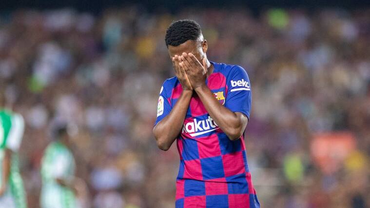 BARCELONA, SPAIN - August 25: Anssumane Fati #31 of Barcelona reacts after his shot just missed during the Barcelona V Real Betis, La Liga regular season match at Estadio Camp Nou on August 25th 2019 in Barcelona, Spain. (Photo by Tim Clayton/Corbis via Getty Images)