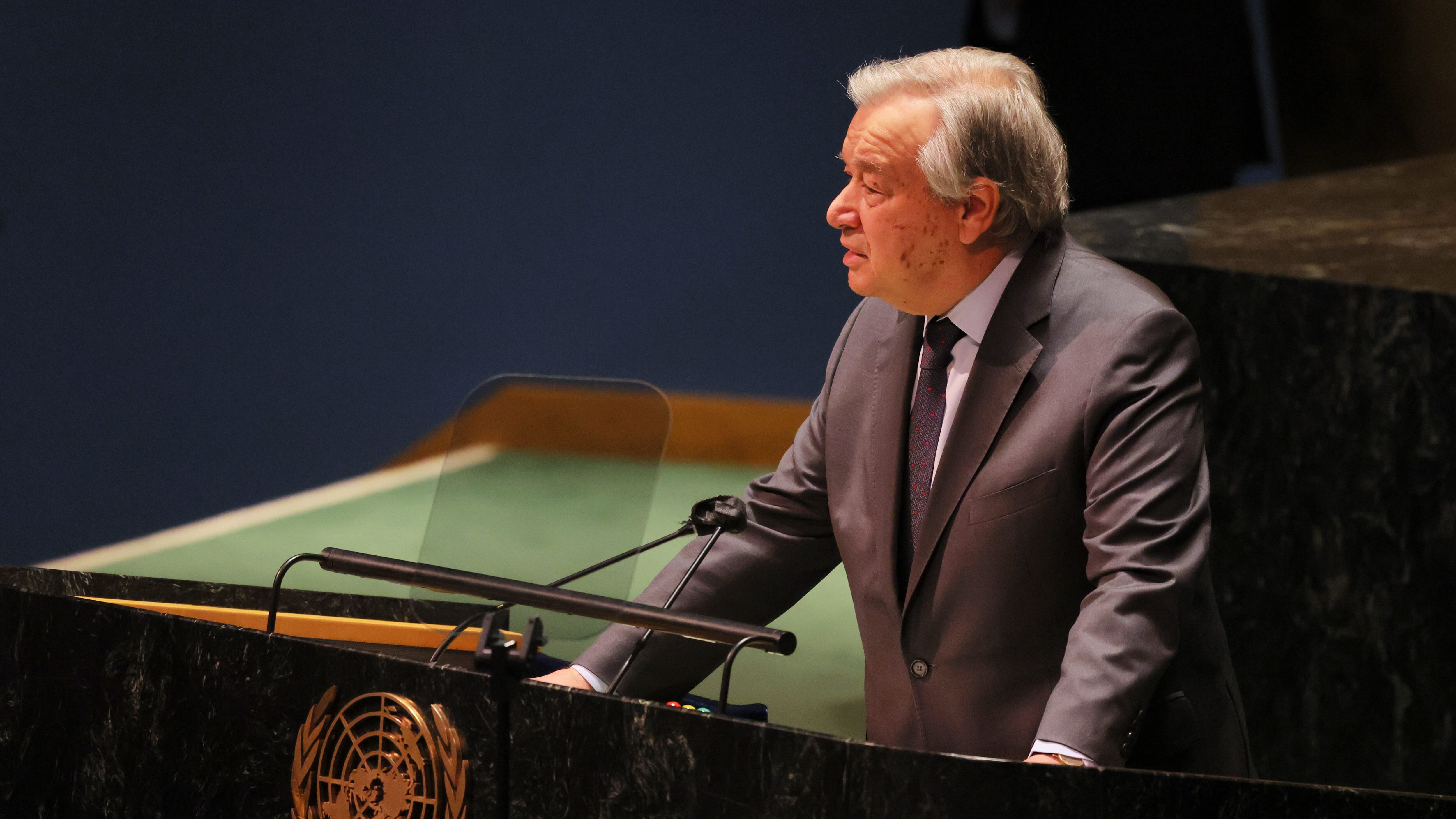 NEW YORK, NEW YORK - FEBRUARY 28: United Nations Secretary General António Guterres speaks during a special session of the General Assembly at the United Nations headquarters on February 28, 2022 in New York City. The U.N. Security Council voted on Sunday to hold a rare emergency special session of the General Assembly to discuss Russia's attack on Ukraine. The meeting gave all 193 members of the global body a chance to present their views on the invasion. Russia voted against the resolution but they did not have veto power under U.N. regulations. On Sunday Russian President Vladimir Putin ordered Russia’s nuclear deterrent forces to be on high alert, further increasing tensions. The two sides agreed to meet for negotiations on the border with Belarus, as the European Union moved to close its airspace to all Russian planes. (Photo by Michael M. Santiago/Getty Images)