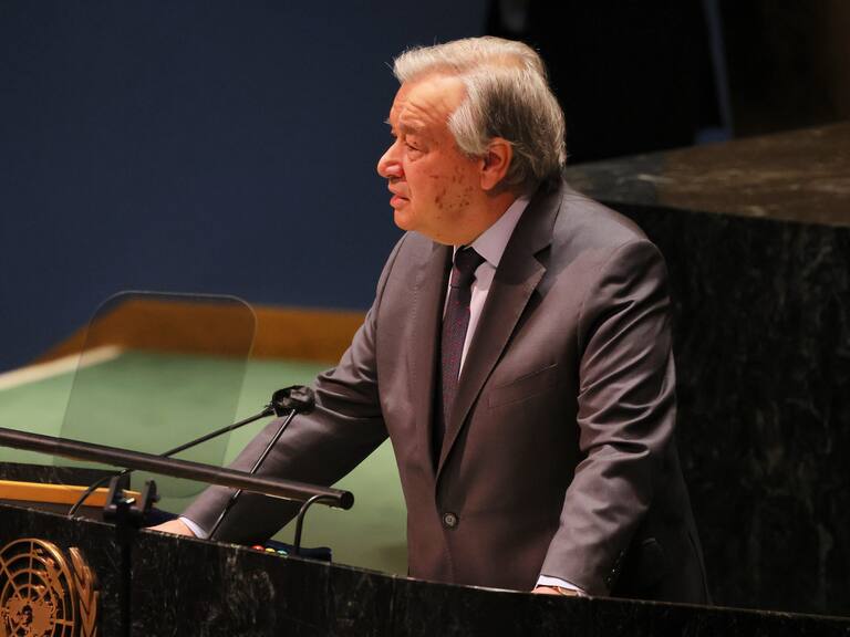 NEW YORK, NEW YORK - FEBRUARY 28: United Nations Secretary General António Guterres speaks during a special session of the General Assembly at the United Nations headquarters on February 28, 2022 in New York City. The U.N. Security Council voted on Sunday to hold a rare emergency special session of the General Assembly to discuss Russia's attack on Ukraine. The meeting gave all 193 members of the global body a chance to present their views on the invasion. Russia voted against the resolution but they did not have veto power under U.N. regulations. On Sunday Russian President Vladimir Putin ordered Russia’s nuclear deterrent forces to be on high alert, further increasing tensions. The two sides agreed to meet for negotiations on the border with Belarus, as the European Union moved to close its airspace to all Russian planes. (Photo by Michael M. Santiago/Getty Images)