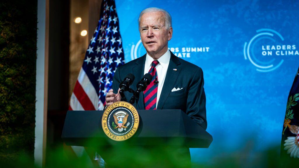 WASHINGTON, DC - APRIL 22: U.S. President Joe Biden delivers remarks during a virtual Leaders Summit on Climate with 40 world leaders at the East Room of the White House April 22, 2021 in Washington, DC. President Biden pledged to cut greenhouse gas emissions by half by 2030. (Photo by Al Drago-Pool/Getty Images)
