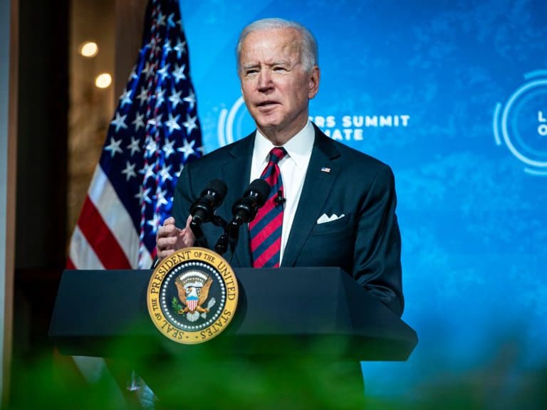 WASHINGTON, DC - APRIL 22: U.S. President Joe Biden delivers remarks during a virtual Leaders Summit on Climate with 40 world leaders at the East Room of the White House April 22, 2021 in Washington, DC. President Biden pledged to cut greenhouse gas emissions by half by 2030. (Photo by Al Drago-Pool/Getty Images)
