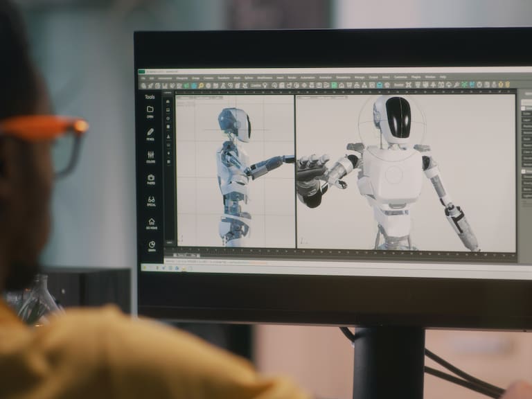 African American male creating 3D model of robot and rendering video for movie or computer game on computer while working from home