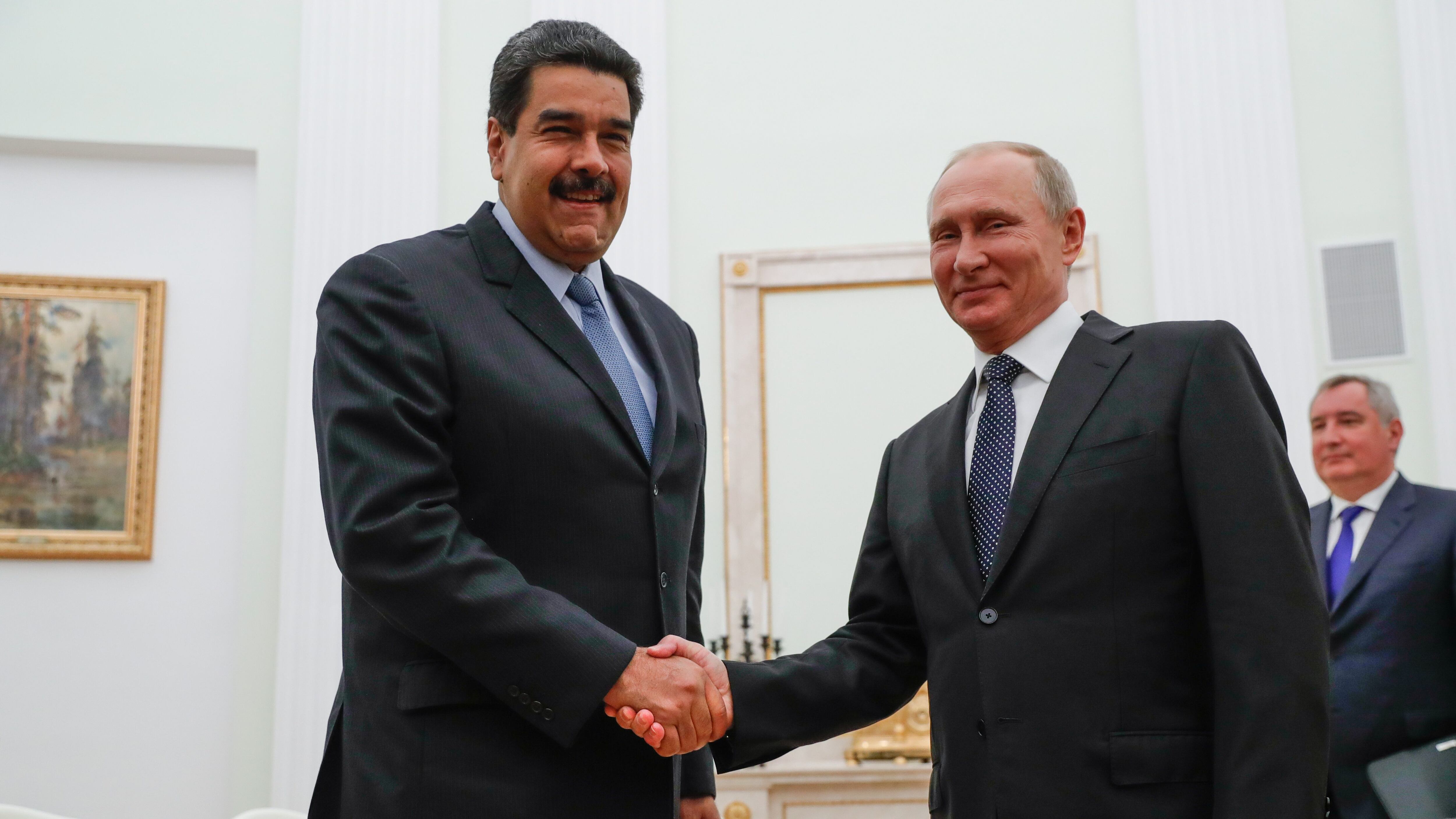 MOSCOW, RUSSIA - OCTOBER 4, 2017: Venezuela's President Nicolas Maduro shakes hands with his Russia counterpart Vladimir Putin (L-R) during a meeting at the Moscow Kremlin. Mikhail Metzel/TASS (Photo by Mikhail MetzelTASS via Getty Images)