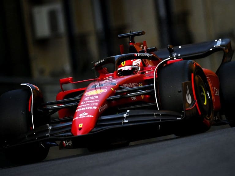 BAKU, AZERBAIJAN - JUNE 11: Charles Leclerc of Monaco driving the (16) Ferrari F1-75 on track during qualifying ahead of the F1 Grand Prix of Azerbaijan at Baku City Circuit on June 11, 2022 in Baku, Azerbaijan. (Photo by Dan Mullan/Getty Images)