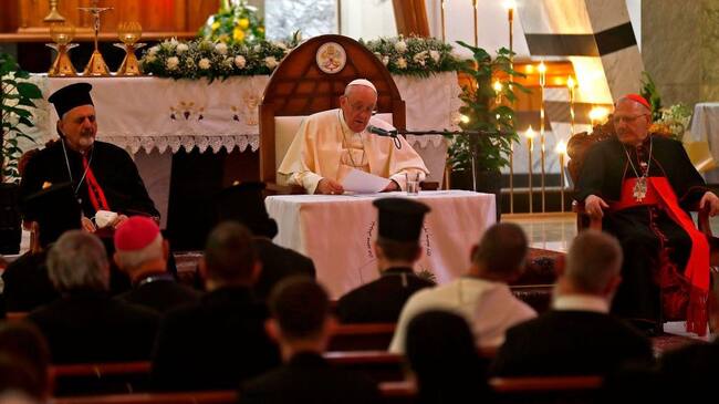 Pope Francis delivers a sermon at the Syro-Catholic Cathedral of Our Lady of Salvation (Sayidat al-Najat) in Baghdad at the start of the first ever papal visit to Iraq on March 5, 2021. - In an address to the faithful in Baghdad, Pope Francis expressed his gratitude to his fellow clergy for supporting Iraq's Christians, whose population has dwindled due to conflict. (Photo by Ahmad AL-RUBAYE / AFP) (Photo by AHMAD AL-RUBAYE/AFP via Getty Images)