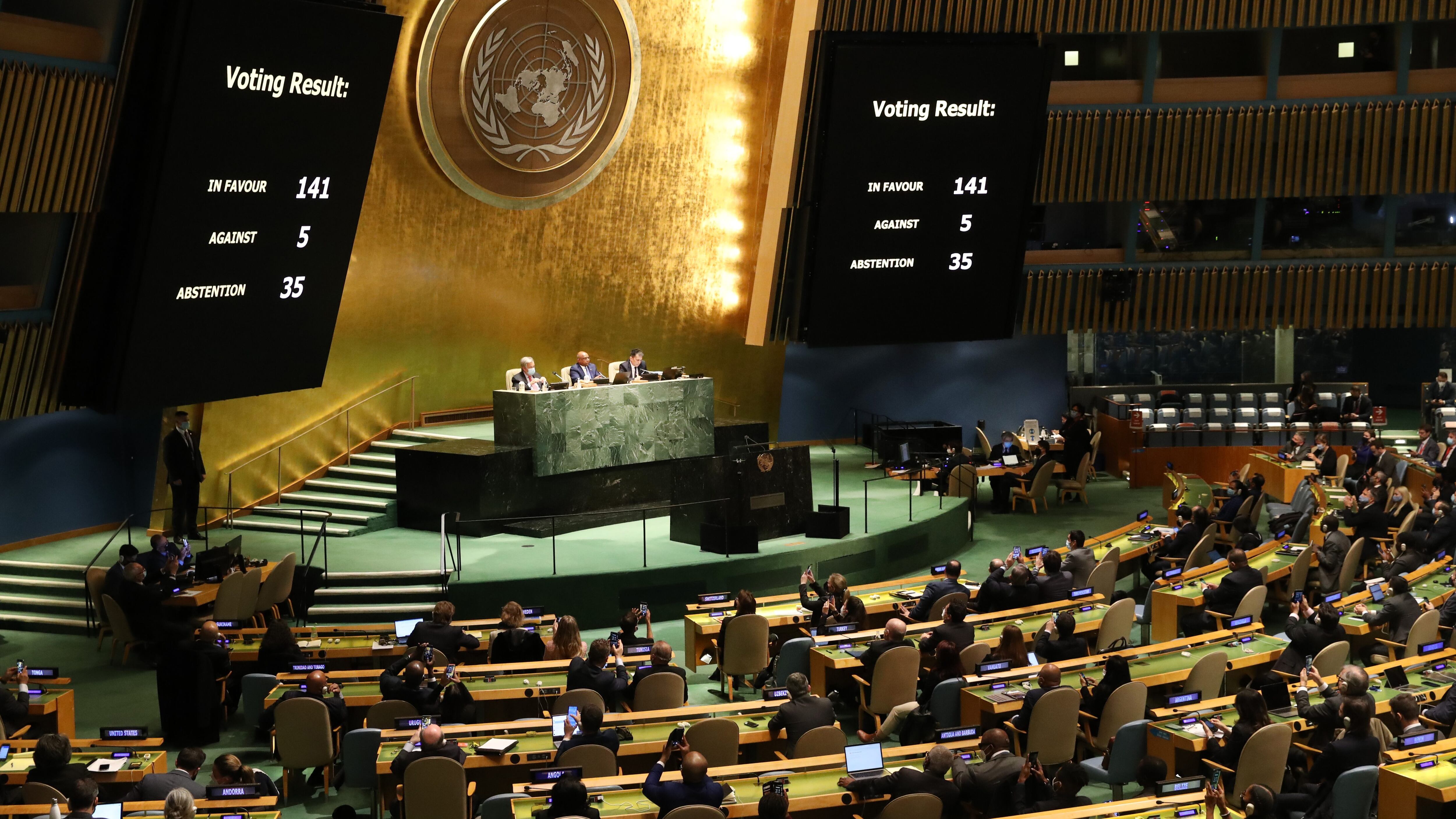 NEW YORK, NEW YORK - MARCH 02: The results of a vote at the United Nations General Assembly are displayed on a screen during a special session on the violence in Ukraine on March 02, 2022 in New York City. Members voted overwhelmingly for a non-binding resolution that condemns Russia for its invasion of Ukraine and demands that Russia immediately withdraw its forces from Ukraine. (Photo by Spencer Platt/Getty Images)