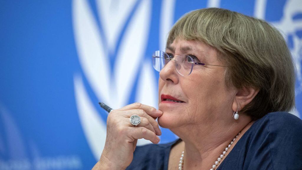 Outgoing United Nations High Commissioner for Human Rights Michelle Bachelet gives a final press conference at the United Nations offices in Geneva on August 25, 2022. - Bachelet faces pressure to release a long-delayed report on the situation in the Xinjiang region, where Beijing stands accused of detaining more than one million Uyghurs and other Muslim minorities -- charges it vehemently denies. She has vowed the report will be released before she steps down, at the end of the month. (Photo by Fabrice COFFRINI / AFP) (Photo by FABRICE COFFRINI/AFP via Getty Images)