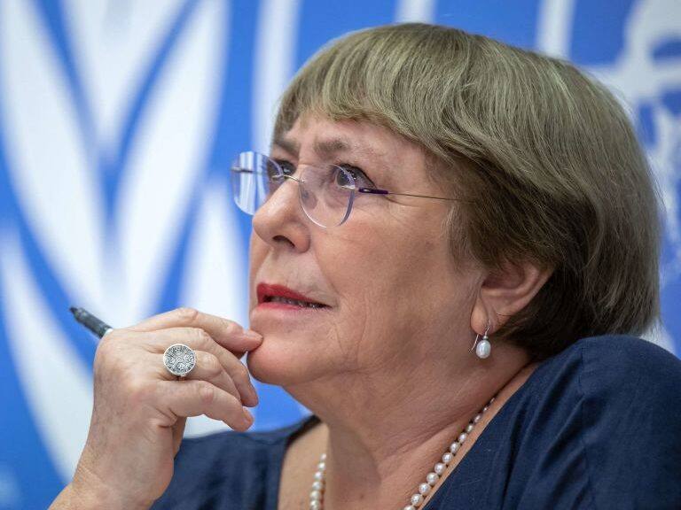 Outgoing United Nations High Commissioner for Human Rights Michelle Bachelet gives a final press conference at the United Nations offices in Geneva on August 25, 2022. - Bachelet faces pressure to release a long-delayed report on the situation in the Xinjiang region, where Beijing stands accused of detaining more than one million Uyghurs and other Muslim minorities -- charges it vehemently denies. She has vowed the report will be released before she steps down, at the end of the month. (Photo by Fabrice COFFRINI / AFP) (Photo by FABRICE COFFRINI/AFP via Getty Images)